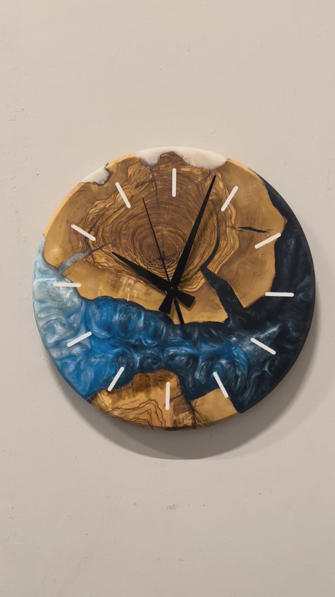 Custom Olive Wood and Resin Wall Clock, Live Edge Rustic Home Decor